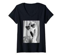 Femme Lunettes de Soleil drôles Flamant Rose avec cœurs Animaux tropicaux Meme T-Shirt avec Col en V