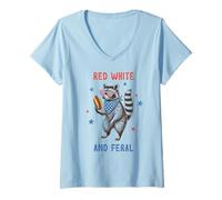 Femme Lunettes de soleil drôles patriotique raton laveur rouge blanc sauvage Hot Dog T-Shirt avec Col en V