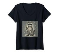 Femme Lunettes de soleil égyptiennes Mau Chat Rock Musique Drôle Rétro T-Shirt avec Col en V