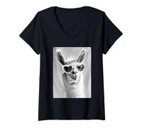 Femme Lunettes de Soleil Lama drôle avec cœurs Mème Animal de Ferme Mignon T-Shirt avec Col en V