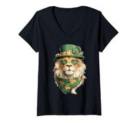Femme Lunettes de Soleil Lion Irlandais avec cœurs Trèfle Jour de la St Patrick T-Shirt avec Col en V