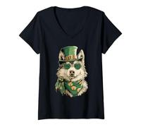 Femme Lunettes de Soleil Loup Irlandais avec cœur Trèfle St Patrick T-Shirt avec Col en V