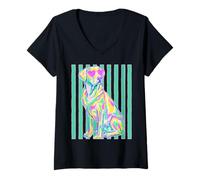 Femme Lunettes de Soleil Motif Labrador Mignon avec cœur Rayures d'été côtières T-Shirt avec Col en V