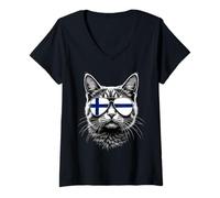 Femme Lunettes de Soleil Motif tête de Chat Drapeau finlandais T-Shirt avec Col en V