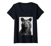 Femme Lunettes de Soleil Ours drôle avec cœurs Mignon Animal Meme Graphique T-Shirt avec Col en V