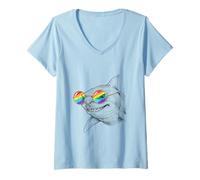 Femme Lunettes de Soleil Requin Arc-en-Ciel, Illustration T-Shirt avec Col en V