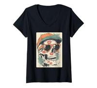Femme Lunettes de Soleil Squelette Mignon avec cœurs Bisous Saint-Valentin T-Shirt avec Col en V