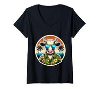 Femme Lunettes de soleil vache tropicales vacances été plage coucher de soleil T-Shirt avec Col en V