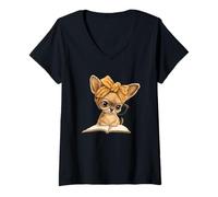 Femme Lunettes Graphiques pour Chiens Tiny Puppy Open Book T-Shirt avec Col en V