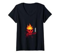 Femme Lutin Pixel Diable 8-Bit Épée Rétro Jeu Vidéo Art T-Shirt avec Col en V