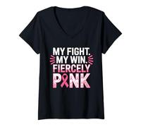 Femme Lutter et Gagner : Soutien au Cancer du Sein T-Shirt avec Col en V