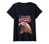 Femme Lynyrd Skynyrd American Eagle Free Bird Retro Rock Flag US T-Shirt avec Col en V