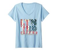 Femme Lynyrd Skynyrd Drapeau Logo USA Stars Rayures Rock 70s Southern T-Shirt avec Col en V