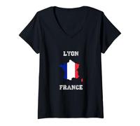 Femme Lyon France Vintage France Drapeau Carte T-Shirt avec Col en V