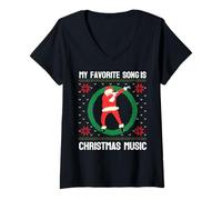 Femme Ma Chanson préférée est Christmas Music Dab Santa Ugly Sweaters T-Shirt avec Col en V