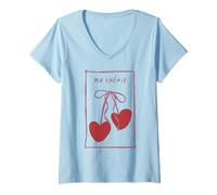 Femme Ma Chérie Ruban Coquette Romantique Coquette Noeud Coeur Cerise Rétro T-Shirt avec Col en V