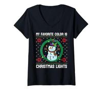 Femme Ma Couleur préférée est Celle des lumières de Noël, des bonhommes de Neige et des Pulls laids T-Shirt avec Col en V