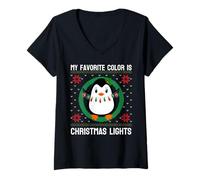 Femme Ma Couleur préférée est Noël Lights Penguin Ugly Sweaters T-Shirt avec Col en V