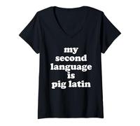 Femme Ma deuxième Langue est Pig Latin Funny Code des années 80 et 90 T-Shirt avec Col en V