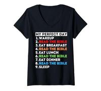 Femme Ma journée idéale : Lire la Bible, étudier la Parole de Dieu, Maman, Papa, église T-Shirt avec Col en V
