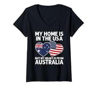 Femme Ma Maison États-Unis Mon cœur Australie Australian American Pride T-Shirt avec Col en V
