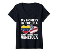Femme Ma Maison, États-Unis, Mon cœur, Venezuela, Fierté américano-vénézuélienne T-Shirt avec Col en V