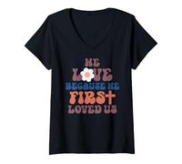 Femme Ma Maison Parce qu'il Nous a aimés Le Premier | Foi chrétienne T-Shirt avec Col en V