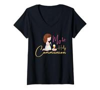 Femme Ma première Communion pour Fille eucharistie catholique T-Shirt avec Col en V