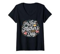 Femme Ma première tenue de fête des mères pour les nouvelles mamans cœurs T-Shirt avec Col en V