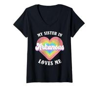 Femme Ma sœur en Arkansas m'aime Heart Retro Groovy USA T-Shirt avec Col en V
