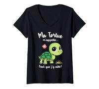 Femme Ma Tortue m'appelle Humour Drole Femme Fille Motif Tortue T-Shirt avec Col en V
