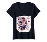Femme Macaques à Face Rouge T Fleurs de Cerisier du Japon Macaques T-Shirt avec Col en V