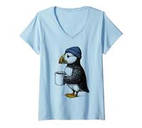 Femme Macareux avec Chapeau Oiseau de Café drôle T-Shirt avec Col en V