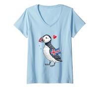 Femme Macareux islandais avec Drapeau Amour Souvenir de Voyage T-Shirt avec Col en V