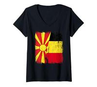 Femme Macédoine du Nord Belgique Demi Drapeau Macédoine Belge Jersey T-Shirt avec Col en V