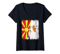 Femme Macédoine du Nord Chypre Demi Drapeau Macédonien Patrimoine Chypriote T-Shirt avec Col en V