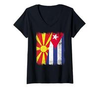 Femme Macédoine du Nord Cuba Demi Drapeau Macédonien Cubain Patrimoine T-Shirt avec Col en V