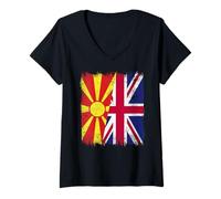 Femme Macédoine du Nord Drapeau Britannique Macédoine T-Shirt avec Col en V