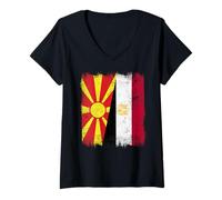 Femme Macédoine du Nord Egypte Demi-Drapeau Macédoine Egypte Patrimoine T-Shirt avec Col en V