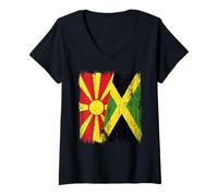 Femme Macédoine du Nord Jamaïque Demi Drapeau Macédoine du Nord Jamaïque T-Shirt avec Col en V