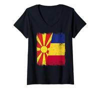 Femme Macédoine du Nord Roumanie Demi Drapeau Macédonien Roumain T-Shirt avec Col en V