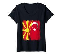 Femme Macédoine du Nord Turquie Demi Drapeau Turquie Macédoine Turque T-Shirt avec Col en V