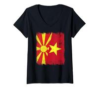Femme Macédoine du Nord Vietnam Demi Drapeau Macédonien Vietnamien T-Shirt avec Col en V