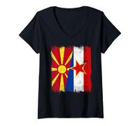 Femme Macédoine du Nord Yougoslavie Demi Drapeau macédonien yougoslave T-Shirt avec Col en V