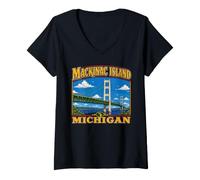 Femme Mackinac Island Bridge Michigan Ferry Grands Lacs Huron T-Shirt avec Col en V
