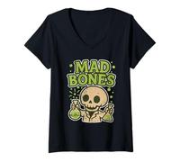 Femme Mad Bones Lab Squelette Citrouille T-Shirt avec Col en V