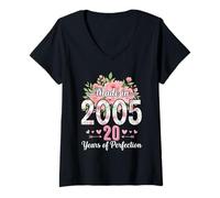 Femme Made in 2005 Floral 20e Anniversaire Cadeaux Femmes 20 Ans T-Shirt avec Col en V