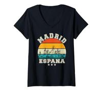 Femme Madrid Skyline Rétro Coucher de soleil Madrid España T-Shirt avec Col en V