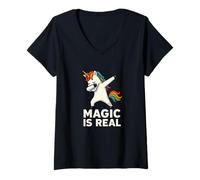 Femme Magic is Real Unicorn Positivity Graphic T-Shirt avec Col en V