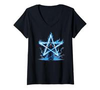 Femme Magicien Pentagramme Magick Flaming Star T-Shirt avec Col en V